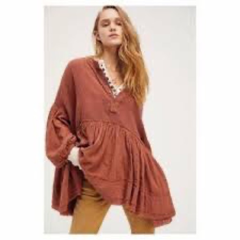 Free People Burnt Orange Oversize Ballon Long Sleeve Distressed Sweater Top Sz S
